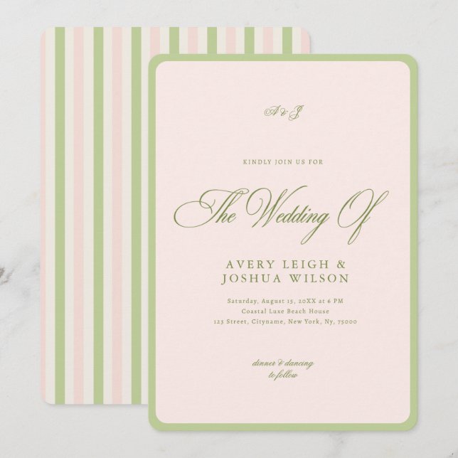 Pink & Green Stripes Border Retro Wedding Invitation (Front/Back)
