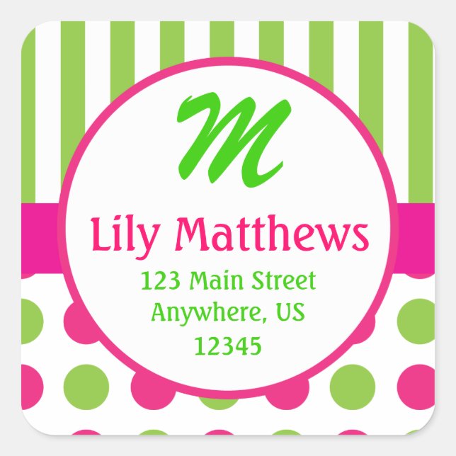 Pink & Green Stripes Dots Monogram Address Sticker (Front)