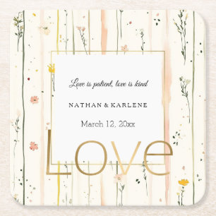 Pink Green Stripes Flowers Gold Love Wedding Square Paper Coaster
