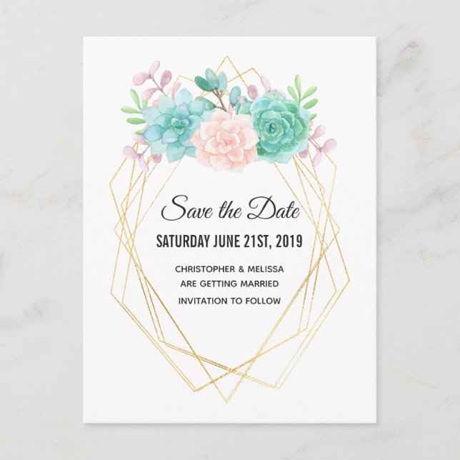 Pink & Green Succulents Wedding Save the Date Postcard (Front)