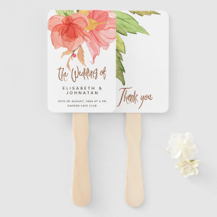Pink green summer watercolor floral wedding favour hand fan