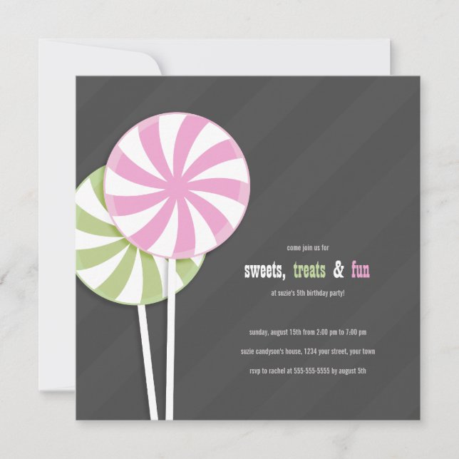Pink & Green Swirl Lollipops Party Invitations (Front)