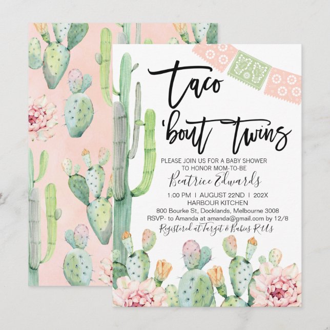 Pink Green Taco Bout Twins Baby Shower Invitation (Front/Back)