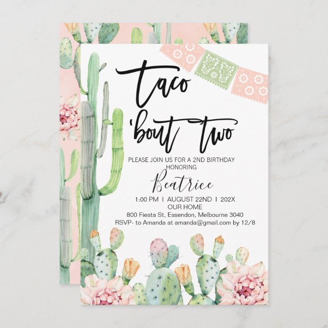 Pink Green Taco Bout Two 2nd Birthday Invitation (Front/Back)