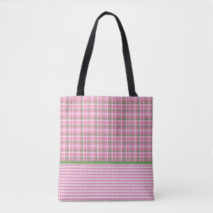 Pink & Green Tartan Plaid and Pink & White Argyle Tote Bag