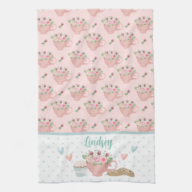 Pink & Green Tea and Cupcakes Personalised   Towel (Vertical)