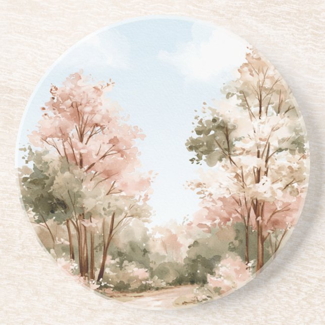 Pink Green Trees Blue Skies Coaster (Front)
