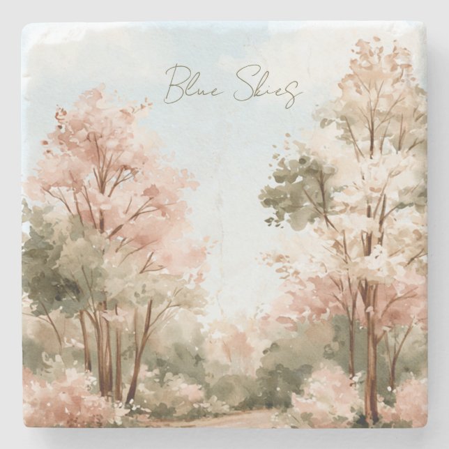 Pink Green Trees Blue Skies Stone Coaster (Front)