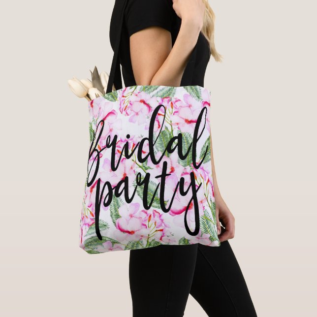 Pink Green Tropical Botanical Oasis Bridal Party Tote Bag (Close Up)
