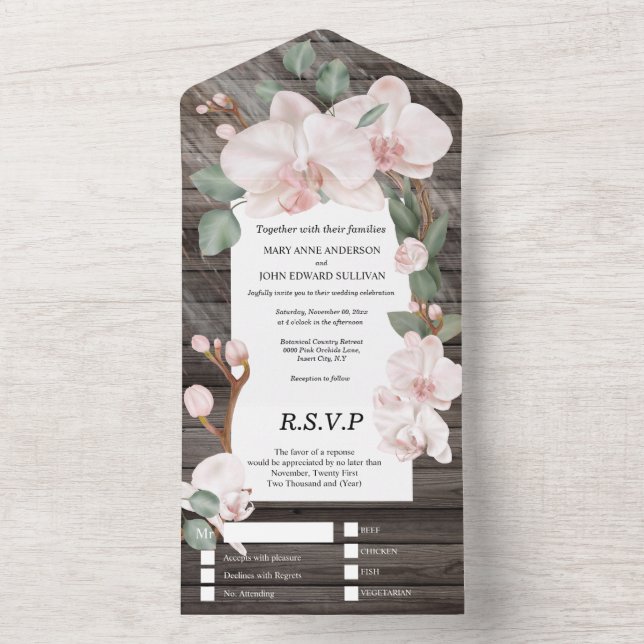 Pink green tropical country orchid elegant wood all in one invitation (Inside)
