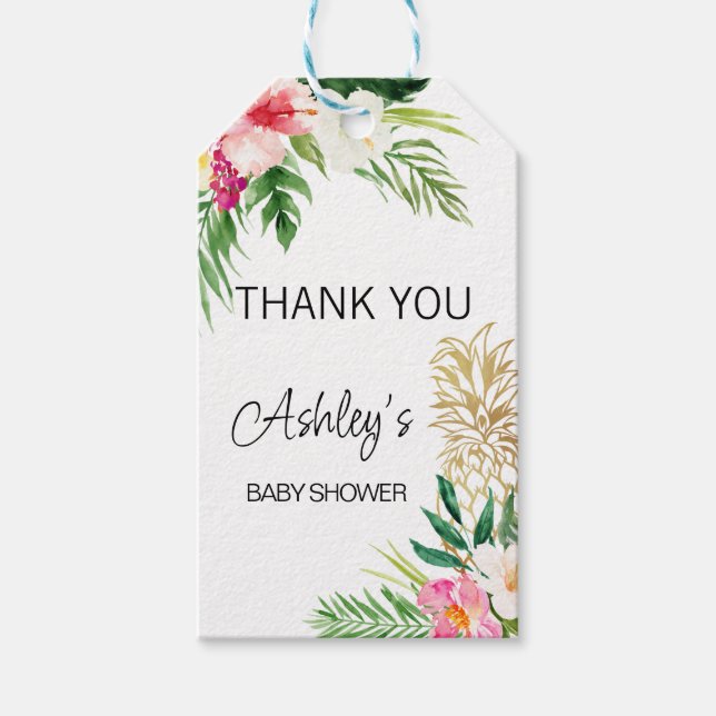 Pink Green Tropical Floral Baby Shower Gift Tags (Front)