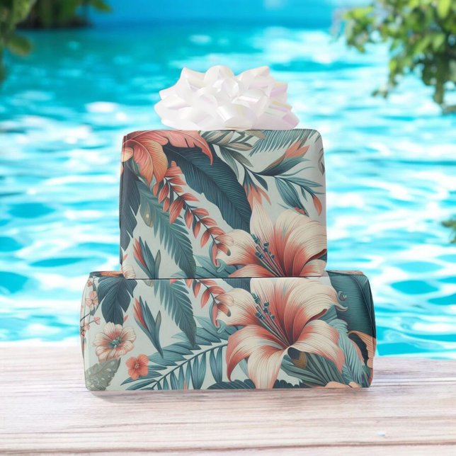 Pink & Green Tropical Floral Hawaiian Palm Leaf  Wrapping Paper (Creator Uploaded)