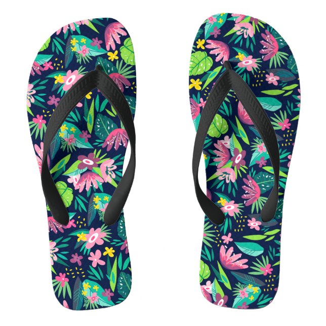Pink & Green Tropical Flowers & Leafs Pattern Jandals (Footbed)