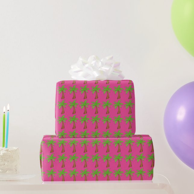 Pink Green Tropical Palm Tree Beach Vacation Wrapping Paper (Party Gifts)