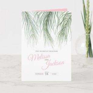 Pink green tropical palms watercolor art wedding programme