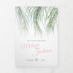 Pink green tropical palms watercolor art wedding Tri-Fold programme
