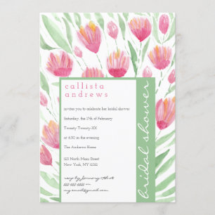 Pink Green Tulip Floral Watercolor Bridal Shower Invitation
