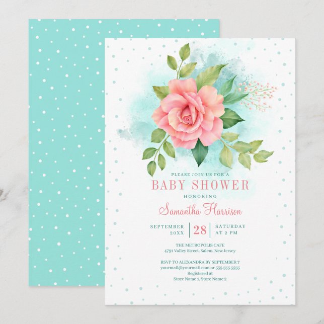 Pink Green Turquoise Ombre Floral Watercolor Rose Invitation (Front/Back)