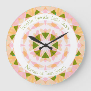 Pink Green Twinkle Little Star Baby Nursery Twins Large Clock