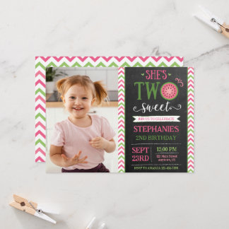Pink & Green Two Sweet Melon 2nd Birthday Photo Invitation