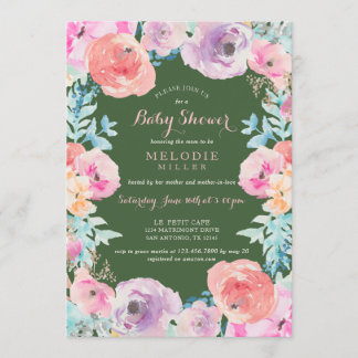 Pink Green Vintage Floral Baby Shower Invitation