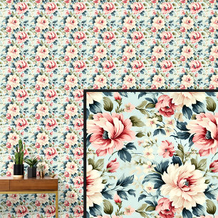 Pink Green Vintage Rose Floral Shabby Chic Wallpaper