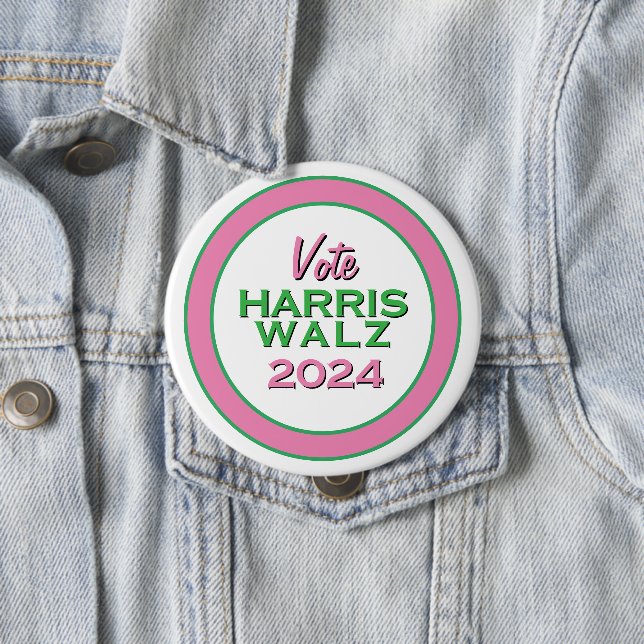 Pink Green Vote HARRIS WALZ 2024 Large Campaign 10 Cm Round Badge (In Situ)