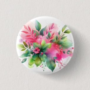 Pink Green Watercolor Botanical Bloom 3 Cm Round Badge