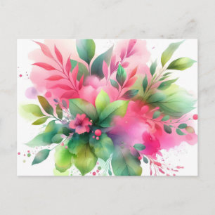 Pink Green Watercolor Botanical Bloom Announcement Postcard