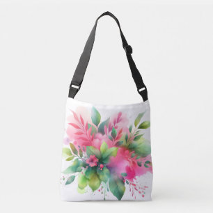Pink Green Watercolor Botanical Bloom Crossbody Bag