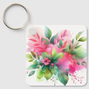 Pink Green Watercolor Botanical Bloom Key Ring