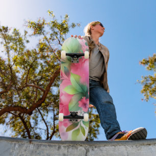 Pink Green Watercolor Botanical Bloom Skateboard