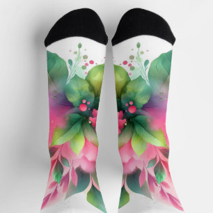 Pink Green Watercolor Botanical Bloom Socks