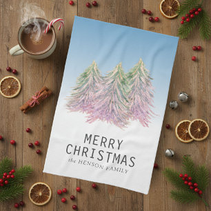 Pink Green Watercolor Christmas Tree Artistic Tea Towel