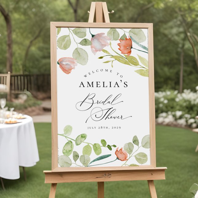 Pink Green Watercolor Floral Bridal Shower Welcome Poster (Creator Uploaded)