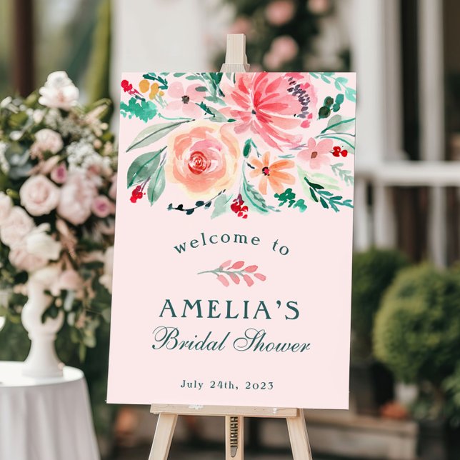Pink Green Watercolor Floral Bridal Shower Welcome Poster (Creator Uploaded)