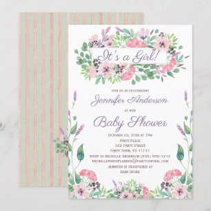 Pink Green Watercolor Floral Girl Baby Shower Invitation