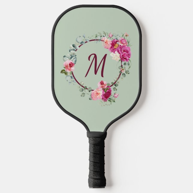 Pink + Green Watercolor Floral Monogram Initial Pickleball Paddle (Front)