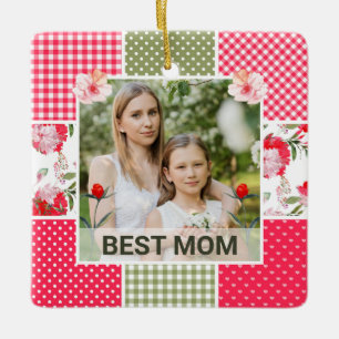 Pink & Green Watercolor Floral Patchwork Mum Ceramic Ornament
