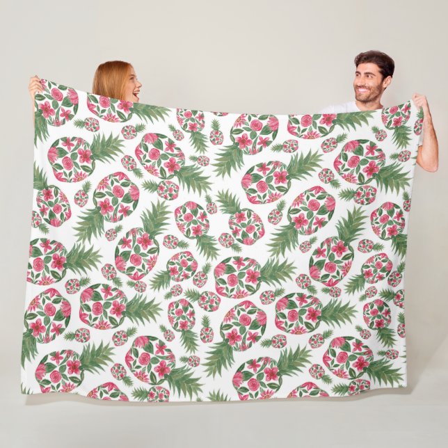 Pink Green Watercolor Floral Pineapples Pattern Fleece Blanket (In Situ)