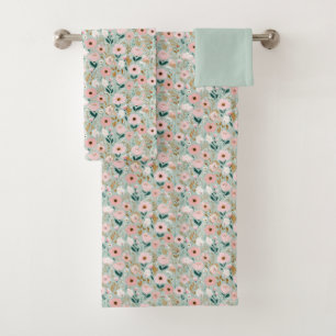 Pink Green Watercolor Florals Cottagecore  Bath Towel Set
