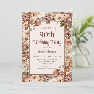 Pink Green Watercolor Garden Floral 90th Birthday Invitation