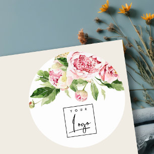Pink Green Watercolor Peony Floral Logo Business Classic Round Sticker