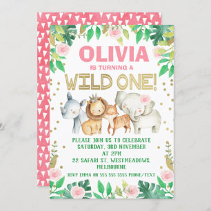 Pink green watercolor safari birthday invitation