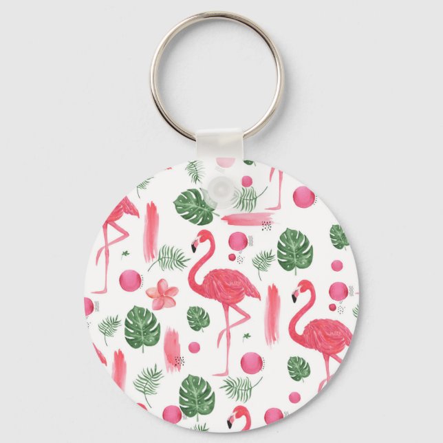 Pink green watercolor tropical flamingo floral key ring (Front)