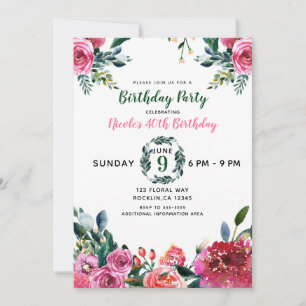 Pink Green Watercolor Vintage Floral Chic Birthday Invitation