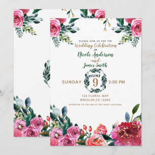 Pink Green Watercolor Vintage Floral Wedding Invitation