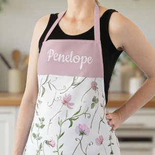 Pink Green Watercolor Wildflower Custom Name Apron