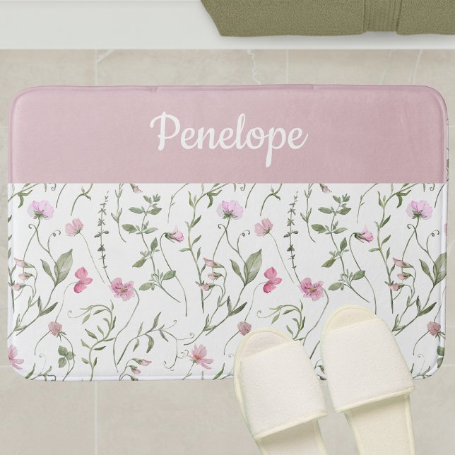 Pink Green Watercolor Wildflower Monogram Bath Mat (Creator Uploaded)