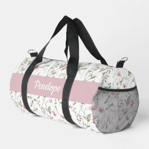 Pink Green Watercolor Wildflower Monogram Duffle Bag